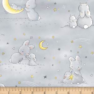 Bunnies and Little Ones on Grey from Little Star Collection by Bunnies by the Bay for Timeless Treasures Fabric 100% Cotton