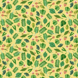 May include: A seamless pattern featuring a variety of green leaves, red strawberries, white radishes, and green onions on a yellow background.