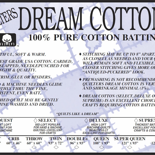 Natural Cotton Select TWIN BATTING (aprox. 93 "x72") de Quilters Dream Batting- Mid Loft Ideal para acolchado de mano y máquina 100% Algodón