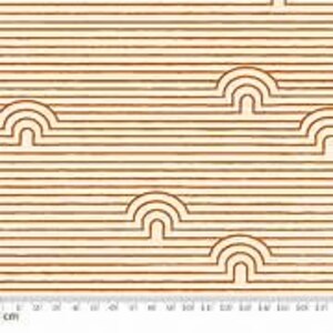 May include: Cream-colored fabric with a repeating pattern of horizontal lines and semi-circular shapes in a reddish-brown hue. The fabric has a textured appearance, and a ruler with centimeter markings is visible along the bottom edge.