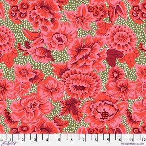 May include: A fabric with a floral pattern featuring large, stylized flowers in shades of red and pink. The flowers are set against a green background with small white polka dots. The fabric is suitable for various sewing projects.