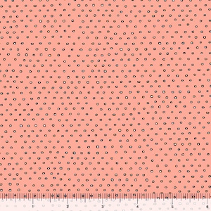 May include: A pink fabric with a repeating pattern of small black squares. The fabric has a white ruler with black markings at the bottom.
