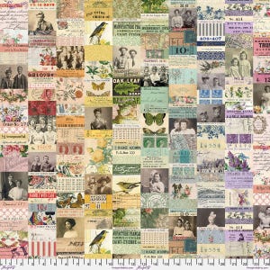 May include: A multi-colored fabric featuring a collage of vintage ephemera, including black and white photographs of people, botanical illustrations, butterflies, birds, postage stamps, and handwritten script text, with a ruler visible at the bottom.