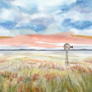 May include: A watercolor painting of a windmill in a field of tall grass. The sky is a soft blue with pink and orange clouds.