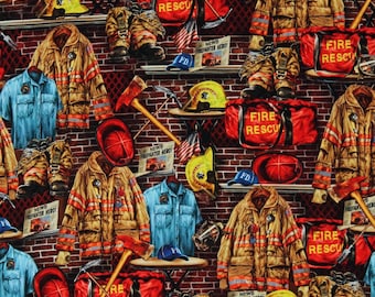 Firefighter Equipment on Brick from the Fire Rescue Collection for Timeless Treasures - You Choose the Size