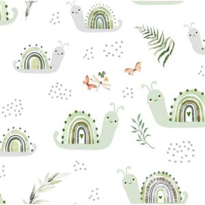 May include: A repeating pattern of whimsical snails with rainbow shells in shades of green, brown, and gray. The snails have smiling faces and are interspersed with butterflies, leaves, and small gray dots on a white background.