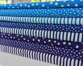 Blue and Purple Delight Stripes and Dots FABRIC BUNDLE SET from Robert Kaufman - 8 Fabrics Total - 100% High Quality Quilt Shop Cotton