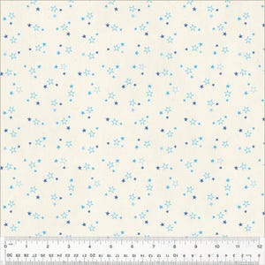 Pode incluir: Um tecido branco com um padrão disperso de estrelas azuis de tamanhos variados. O tecido tem uma textura sutil.