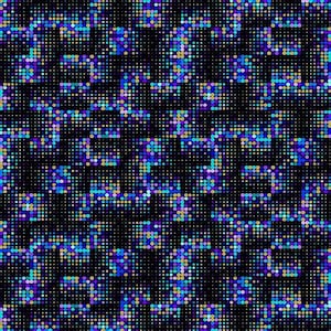 May include: Abstract pattern with a black background and small, colorful circles in shades of blue, purple, and gold.