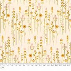 May include: A fabric with a repeating floral pattern in shades of yellow, orange, and pink on a cream background. The design features stylized flowers and foliage, with a ruler along the bottom showing measurements in centimeters.