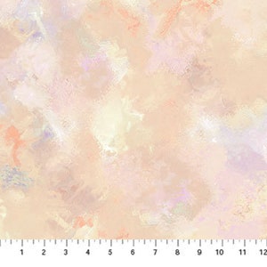 May include: Fabric with a painterly design in shades of peach, pink, and lavender. The fabric has a textured appearance, with visible brushstrokes. A ruler is at the bottom, marked in inches, showing a 12-inch width.