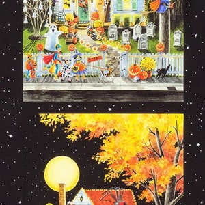 May include: A black and white illustration of a Halloween scene with a house decorated with lights, pumpkins, and a spider. Trick-or-treaters are walking down the sidewalk in front of the house. The text "Happy Halloween" is on a banner hanging from the house.