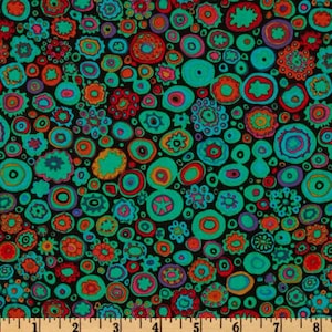 May include: A black fabric with a repeating pattern of colourful circles and swirls. The circles are in shades of green, red, orange, and blue.