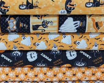 Glow in the Dark Cat HALLOWEEN BUNDLE SET from Olde Salem's Black Hat Society Collection - 6 Fabrics Total - 100% High Quality Cotton