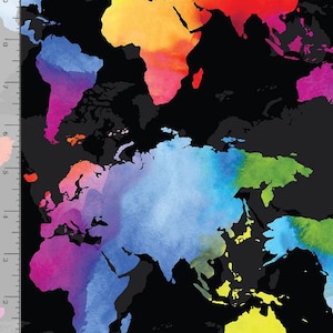 Mapa del mundo arcoíris en negro de Wild World para Timeless Treasures Fabric - 100 % algodón Quilt Shop