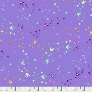 May include: A purple fabric with a repeating pattern of colorful birds, stars, and circles. The birds are in shades of yellow, green, and purple. The stars and circles are in various colors, including pink, orange, and blue.