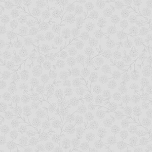 Puede incluir: Un patrón sin costuras de delicadas flores grises y tallos sobre un fondo gris claro.