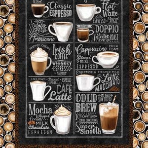 May include: A rectangular fabric panel measuring 43 inches by 24 inches featuring a black chalkboard-style coffee menu with white text and illustrations of various coffee drinks including espresso, cappuccino, latte, and cold brew, with a border of coffee cups.