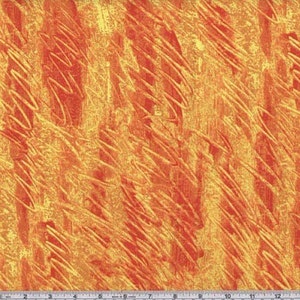 May include: Abstract fabric with a yellow and orange pattern. The fabric has a textured surface and a repeating pattern of diagonal lines.