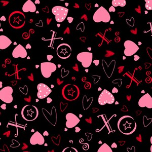 Hearts, Kisses and Hugs Toss in Black from Love Ewe Collection by QT Fabrics - Choose Your Cut- 100% Quilt Shop Quality Cotton