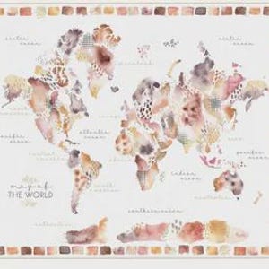 Puede incluir: Un mapa del mundo rectangular con continentes en estilo acuarela en tonos marrón, beige y rosa. El diseño incluye un borde de cuadrados pequeños y el texto "Map of THE WORLD" en la esquina inferior izquierda con los océanos etiquetados.