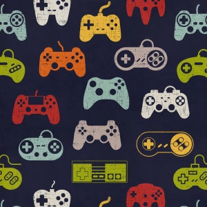 May include: A seamless pattern featuring various retro-style video game controllers in different colors, including red, blue, green, yellow, and white. The controllers are set against a dark blue background, creating a vibrant and nostalgic design.