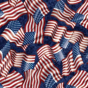 May include: A blue background with a pattern of red, white, and blue American flags. The flags are arranged in a random pattern and are overlapping each other.
