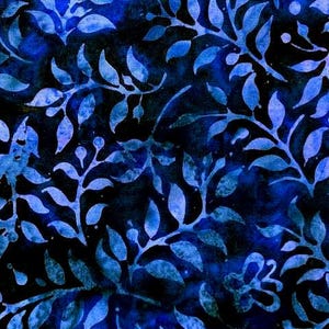 May include: A fabric featuring a repeating pattern of light blue and periwinkle leaves and stems set against a deep black background. The design displays a watercolor-like texture with varying shades of blue creating a botanical motif across the surface.