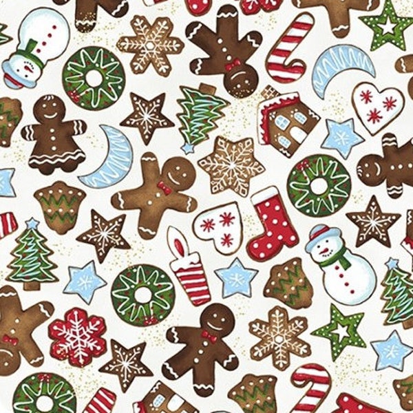 Gingerbread Christmas Cookies in White with Metallic Gold Accents from Hoffman California Fabrics Candy Cane Lane Collection 100% Cotton