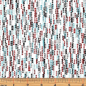 May include: White fabric featuring a repeating pattern of vertical lines made of small, irregular triangles. The triangles are in red, black, grey, and teal. The pattern is measured in inches, equivalent to cm.