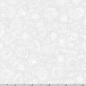 Puede incluir: Un patrón sin costuras blanco y gris con varias ilustraciones relacionadas con el café, que incluyen tazas de café, granos de café, cafeteras y las palabras "café" y "latte".