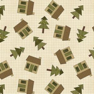 May include: A seamless pattern featuring brown houses with green windows and doors, and green pine trees with brown trunks on a beige background.