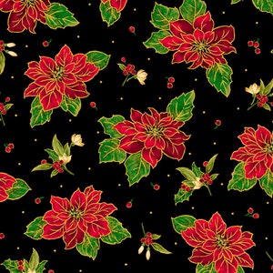 Flores de Pascua espaciadas en negro y rojo de la lujosa colección Poinsettias de QT Fabrics - 100% Cotton Fabric