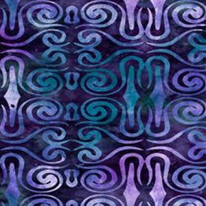 May include: Purple and teal abstract pattern with swirling lines and shapes. The pattern is repeated throughout the fabric.