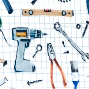 May include: A pattern of various hand tools, including a drill, wrench, level, pliers, and measuring tape, in a watercolor style. The tools are scattered across a white grid background, creating a DIY or construction theme.