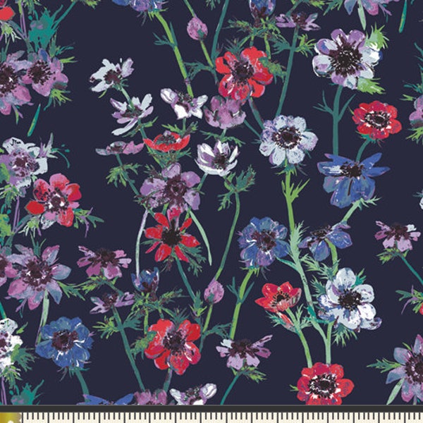 Anemone Study Midnight Floral in Navy from Aquarelle Collection by Katarina Roccella for Art Gallery Fabric- 100% High Quality Cotton