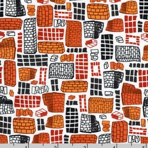 May include: A seamless pattern featuring a variety of brick shapes in orange, red, black, and white. The bricks are arranged in a random pattern, creating a dynamic and playful design.