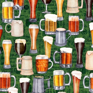 May include: A green background with a variety of beer mugs, glasses, and steins. The mugs are filled with different types of beer, including amber, brown, and golden. The text on the background includes words like "Amber Ale", "Sour Beer", "Irish", "Pale Ale", and "Porter".