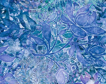 May include: Abstract floral pattern in shades of blue and teal. The design features stylized flowers, leaves, and swirls. The background is a mottled blue with hints of purple.