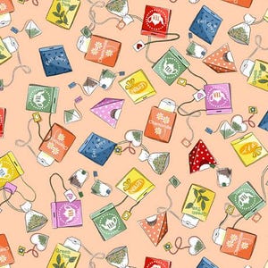 Teabag Toss in Peach from the Tea Time Collection by Eun Young Otsuki for QT Fabrics - 100% Cotton