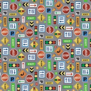 Road Traffic Signs from Working Wheels Collection by Arrolynn Weiderhold for Paintbrush Fabrics - 100% Cotton - You Choose the Cut