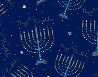 Menorahs in Navy Blue from Hanukkah Greetings Collection for QT Fabric - 100% High Quality Cotton