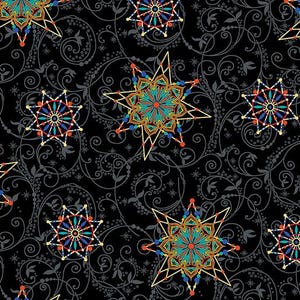 Mystical Medallion Scroll in Black from the Moon and Sun Collection by David Galchutt for Bernatex  - 100% Cotton