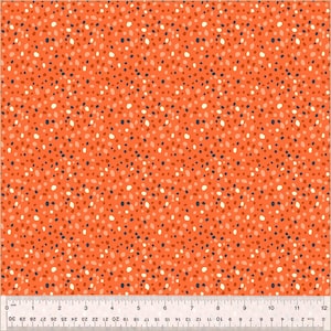 Puede incluir: Un patrón sin costuras con un diseño repetitivo de pequeños círculos naranja, blanco y azul oscuro sobre un fondo naranja brillante.