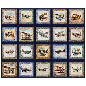 Puede incluir: Un panel de tela con una cuadrícula de 15 cuadrados, cada uno mostrando una ilustración de avión vintage. Los aviones están representados en varios colores, sobre un fondo de estilo acuarela dentro de un marco cuadrado. El panel tiene un borde azul oscuro.