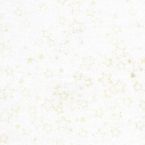 May include: A white fabric featuring a repeating pattern of pale yellow stars of varying sizes scattered across the surface. The stars are outlined in a soft, light yellow hue, creating a subtle and consistent celestial design throughout the material.