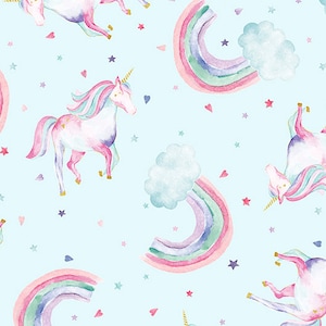 May include: A seamless pattern featuring pink and blue unicorns, rainbows, and stars on a light blue background.