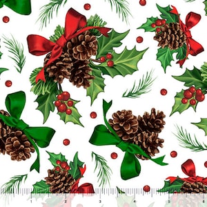 AUSVERKAUFT- Holly & Pine in Weiß Weihnacht Digital Plüsch Glatte MINKY von QT Fabrics- Geringer Stretch | 100%Polyestergarn