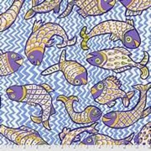 May include: A fabric with a repeating pattern of stylized fish in shades of gold and purple against a light blue and white zigzag background. The fish vary in shape and pose, creating a dynamic and whimsical design.