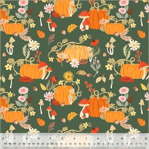 May include: A repeating pattern of orange pumpkins, red-capped mushrooms, and various flowers and leaves on a dark green background. The design includes daisies, sunflowers, and acorns, creating a fall or harvest theme.